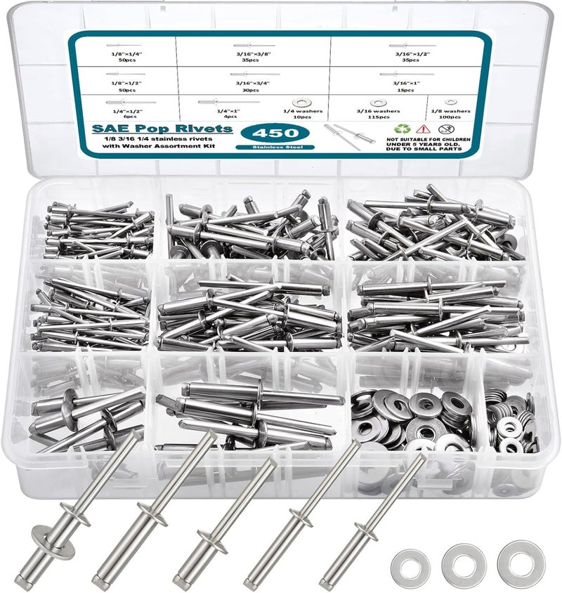 SATANTECH 450Pcs 304 Stainless Steel Pop Rivets with Washers Assortment Kit,1/8" 3/16" 1/4" Assorted Blind Rivets 8 SAE Sizes,DIY/Home/Automotive Repairs - Image 1